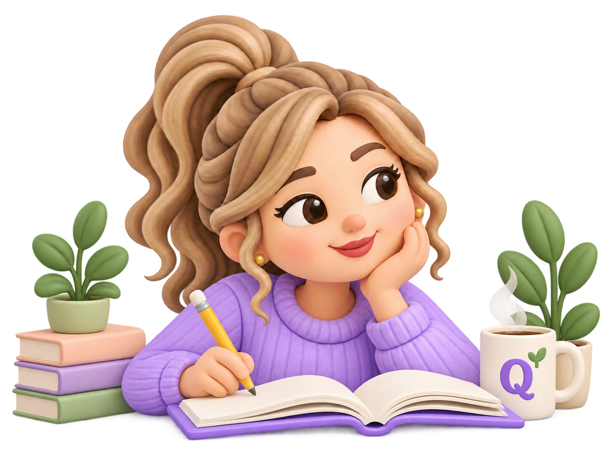 Qvano character studying beside books, plants, and a cup of coffee